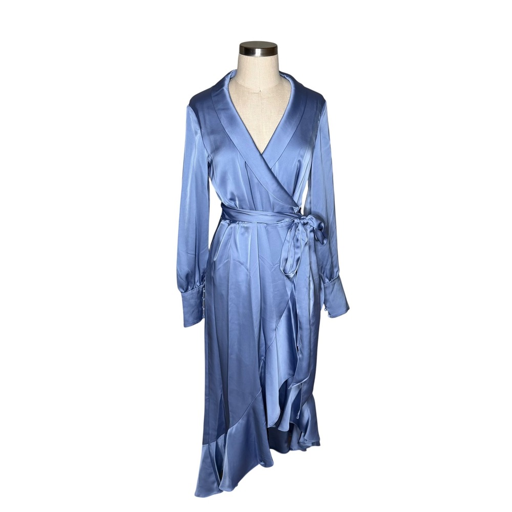 MAC DUGGAL 12506 Wrap Dress Periwinkle Satin Ruffle High-Low Women's Size 2 New